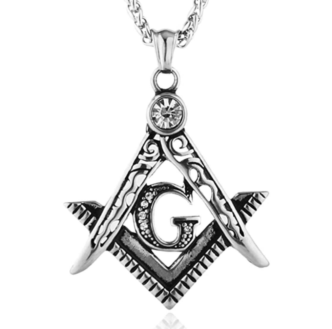 Silver Masonic Chain Freemason Necklace Diamond Gift Square Compass Pendant Chain Stainless Steel 24in.