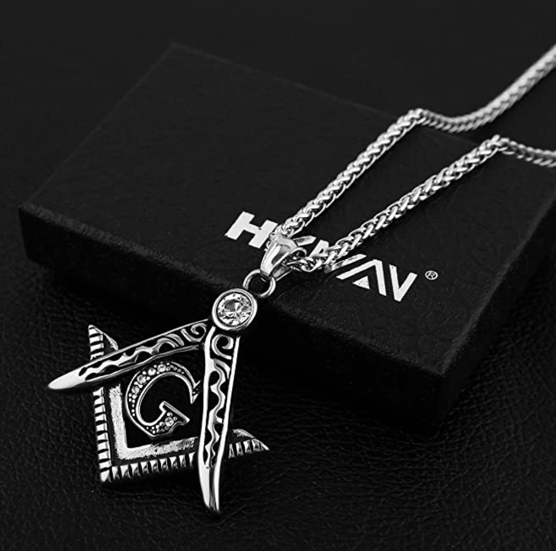 Silver Masonic Chain Freemason Necklace Diamond Gift Square Compass Pendant Chain Stainless Steel 24in.