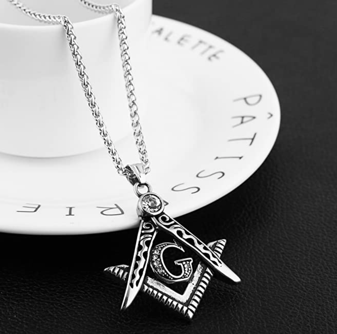 Silver Masonic Chain Freemason Necklace Diamond Gift Square Compass Pendant Chain Stainless Steel 24in.