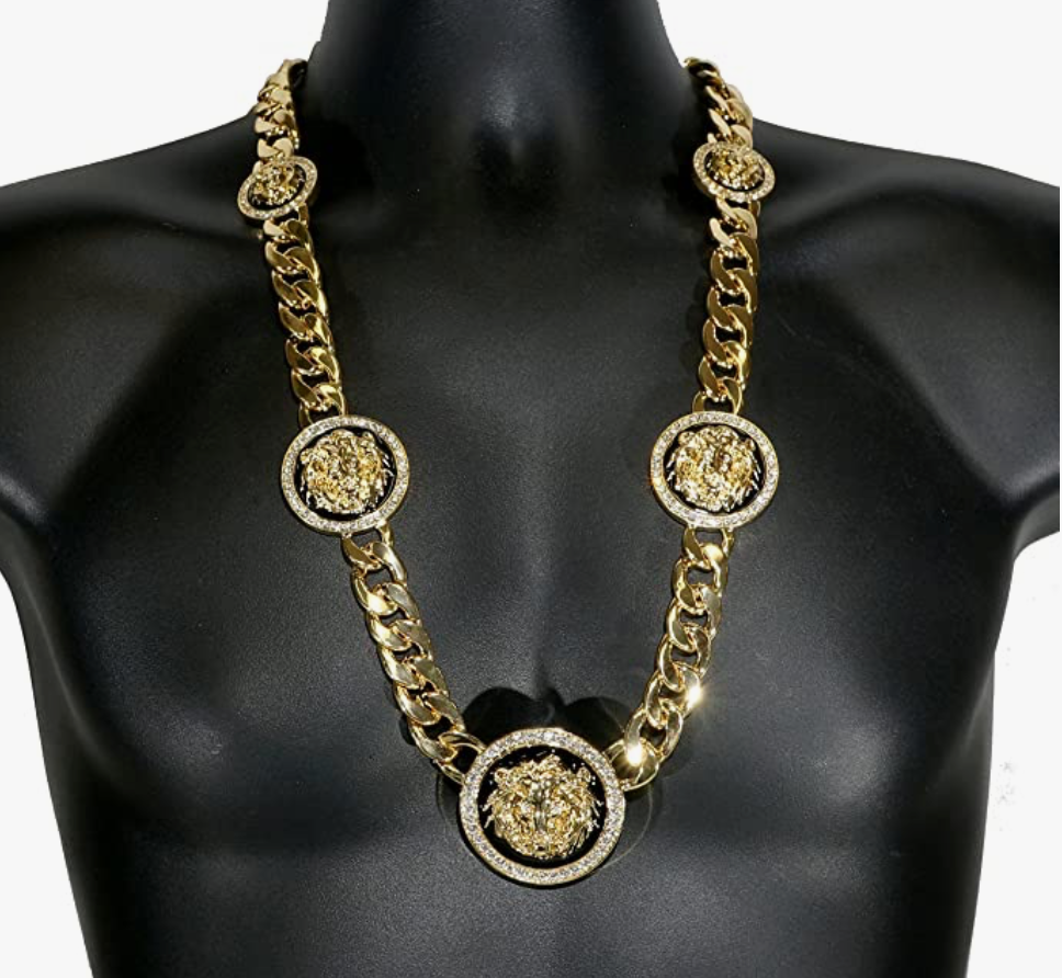 Medusa Lion Medallion Necklace Gold Diamond Lion Head Chain Stainless Steel 24in.