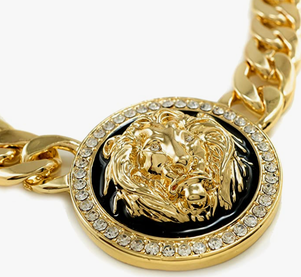 Medusa Lion Medallion Necklace Gold Diamond Lion Head Chain Stainless Steel 24in.