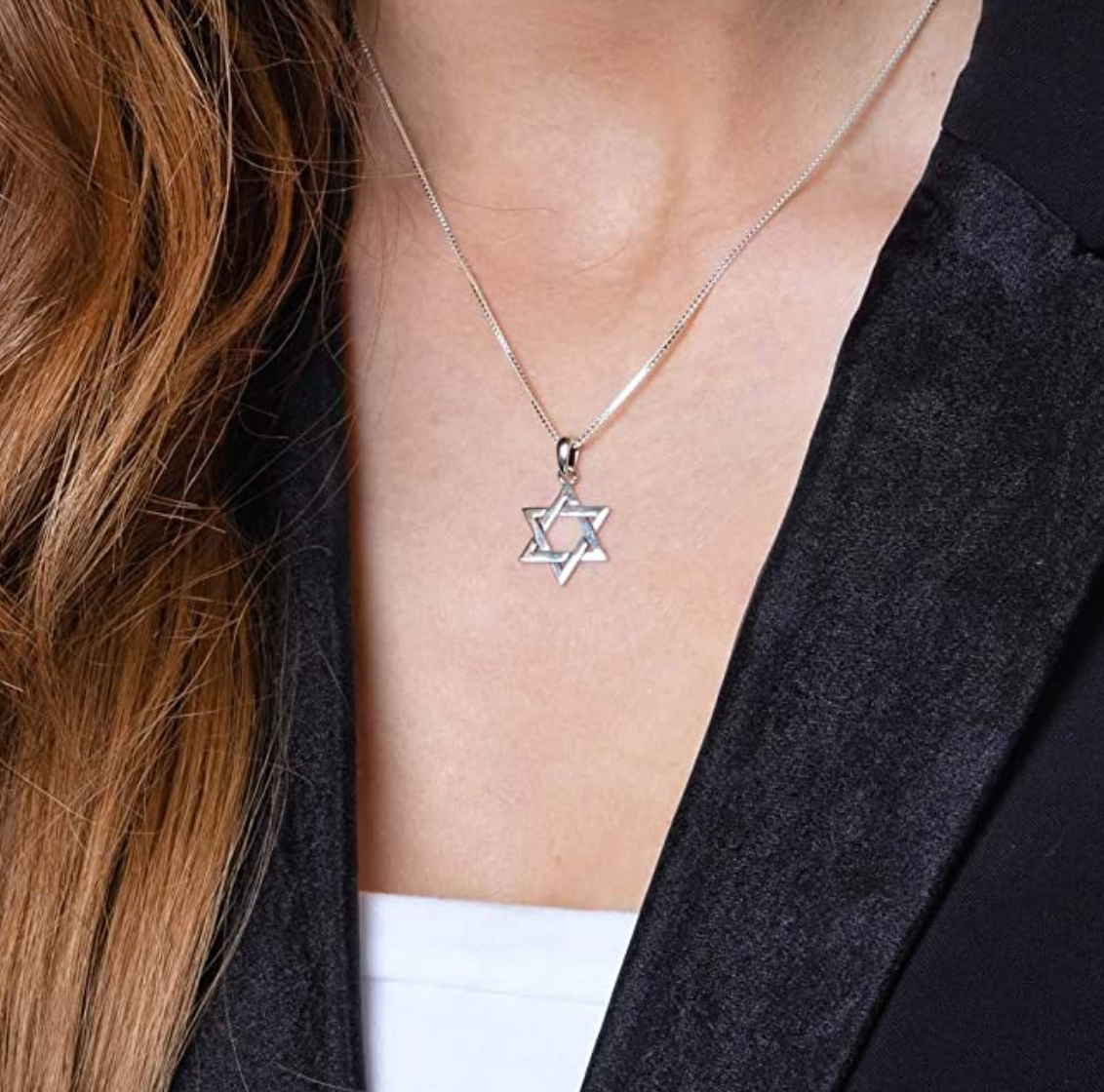 Star of David Necklace Silver Jewish Star Chain Hebrew Six-Pointed Star Pendant 18in.