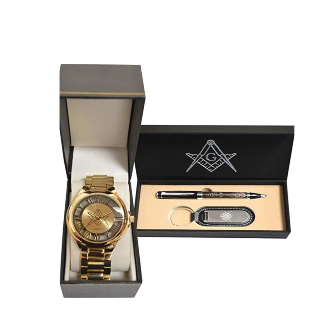 Freemason Watch Free Accepted Master Mason Masonic Pen Keychain Set Gold Tone